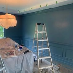 an empty room with blue walls and a ladder in the foreground that is being worked on