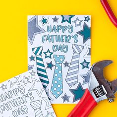 father's day coloring pages and tools on a yellow background with the words happy father's day