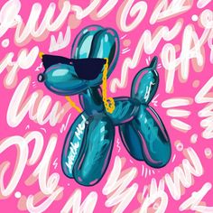 a blue balloon dog with sunglasses on it's head and some writing in the background