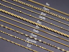 💎 For Silver Color Chains https://chicsjewelry.etsy.com/listing/1262320490/stainless-steel-chain-necklace-silver 💎 Dainty Gold Chain Necklace | 18K PVD Gold Plated Stainless Steel Chain * ANTI TARNISH - Does not turn black or green * WATERPROOF - can be worn in water * HYPOALLERGENIC - does not make any allergy * %100 Lead & Nickel FREE and Handmade  ⁕ Material: 18K PVD Gold Plated High-end 316L Stainless Steel * High quality Stainless steel chains, Necklace chain for women and girls, Chain Ne Chain Necklace For Men, Jewelry Knowledge, Fancy Jewelry Necklace, Gold Chain Design, 18k Gold Chain, Gold Bar Necklace, Gold Necklace Set, Figaro Chain, Gold Necklace Women