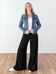 Riveria Tall Wide Leg Pant in Black 34" 36" Inseams - Amalli Talli Black 4-way Stretch Pants For Fall, Casual Full Length Wide Leg Pants, Stretch Full Length Wide Leg Pants For Business Casual, Stretch Full-length Wide Leg Pants For Business Casual, Casual 4-way Stretch Dress Pants For Fall, Fitted Casual Wide Leg Full Length Pants, Fitted Casual Wide Leg Full-length Pants, Versatile Full Length Dress Pants For Business Casual, Versatile Full-length Dress Pants For Fall