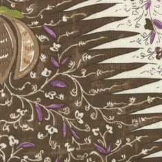 the fabric is brown and white with purple flowers on it's side, along with leaves and vines