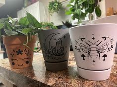 three flower pots with designs on them sitting on a counter top next to a potted plant