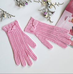 Hand-made pink gloves for flower girl embellished with knitted bow are ready to ship, size S.     I designed these gloves that fit your hand's shape well, it does not slip down, and you feel comfortable. Due to these properties, your hand movements are unrestricted.     I crochet gloves from pure cotton yarn, making them a natural, ecologic, and breathable garment.     You will get nicely packed gloves, so feel free to make a gift to your Mom, girlfriend, and all beloved women.    * DETAILS: Pink Fishnet Gloves, Pink Sheer Gloves, Pink Hand Warmers, Pink Gloves Winter, Pink Knitted Gloves, Pink Gloves, Gloves Design, Formal Gloves, Lace Gloves