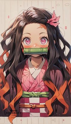 an anime character with long black hair and pink eyes, wearing a red dress while holding a piece of duct tape over her mouth