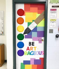 a classroom door decorated with art and craft supplies