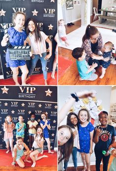 several pictures of children posing for photos at a birthday party