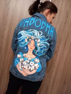 Hand-painted clothes to order (jackets, jackets, denim jackets, etc.) Artistic Long Sleeve Cotton Denim Jacket, Hand Painted Long Sleeve Denim Outerwear, Artsy Long Sleeve Cotton Denim Jacket, Artistic Blue Denim Jacket For Spring, Artistic Blue Cotton Denim Jacket, Hand Painted Blue Cotton Denim Jacket, Blue Denim Jacket With Custom Artwork For Spring, Casual Blue Denim Jacket With Custom Artwork, Hand Painted Blue Cotton Outerwear