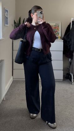 Outfits With Burgundy Cardigan, Burgundy Cardigan Outfit Work, Casual Work Outfits Midsize, Business Casual Outfits Midsize, Curvy Midsize Outfits, Business Casual Midsize, Winter Outfit Midsize, Work Outfits Women Plus Size, Queer Business Casual