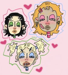 three cartoon faces with different facial expressions on pink background, one has green eyes and the other has blonde hair