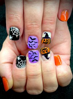 Halloween Nails Purple And Orange, Orange And Purple Halloween Nails, Halloween Nails 2023, Diy Halloween Nail Art, Spooky Nail Designs, Halloween Nail Art Tutorial, Spooky Nail