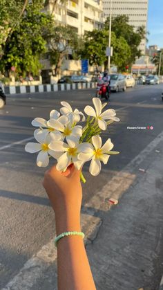 a person holding flowers in their hand on the side of the road with cars behind them