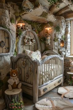 a bedroom decorated in rustic style with wooden furniture and decorations on the walls, along with stuffed animals