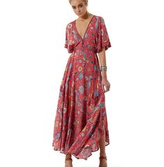 Boho Retro Floral Fit Flare V Neck Empire Waistline Maxi Dress Long Floral Gown, Hippie Maxi Dress, Printed Beach Dresses, Mode Boho, Floral Gown, Bohemian Maxi Dress, Printed Long Dresses, Maxi Robes, Hippie Dresses