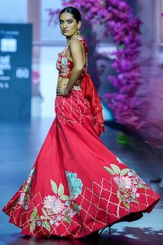 Red attached cancan lehenga with placement floral, quatrefoil embroidery. Paired with a cutwork, padded blouse with floral vine embroidery. - Aza Fashions Lehenga With Blouse, Vine Embroidery, Cancan Lehenga, Padded Blouse, Flowering Vines, Floral Vine, Sweetheart Neck, Cut Work, Aza Fashion