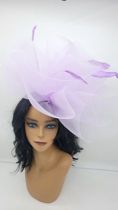 "Lilac/Lavender crinoline Fascinator.   Hat is on a .75\" headband and or a hairclip for a comfortable and secure look. - Ready to ship - Free Shipping - Group discount available - Customize by adding different color flowers and or feathers Check my store for for styles and colors.  Hatsandpearls.etsy.com Find more at my website for more styles: www.hatsandpearls.com  Reach out to me if you can't find what you are looking for.  I can make cake custom orders and help you style and match your outfit  Tag and share your pictures when you wear and style our hats.  Instagram: @hats_pearls Facebook: Hats Pearls" Luxury Purple Fascinator For Party, Lavender Fitted Hat With Curved Brim, Spring Party Purple Headband, Purple Fitted Wide Brim Costume Hat, Lavender Headpieces For Royal Ascot Races, Lavender Curved Brim Fascinator For Royal Ascot, Lavender Curved Brim Party Hat, Lavender Fascinator For Evening At Royal Ascot, Purple Hat Headpieces For Kentucky Derby