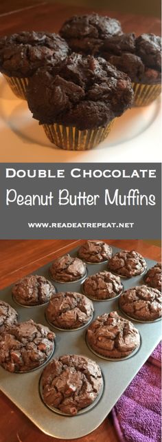 double chocolate peanut butter muffins on a plate and in a muffin tin