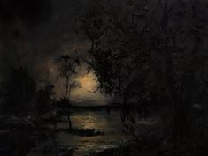 a painting of trees and water at night