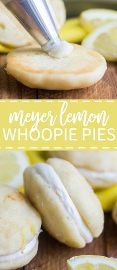 lemon whoopie pies are being cut into slices