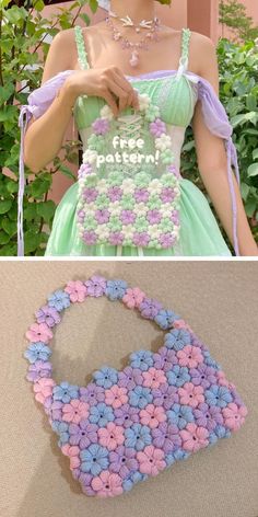 a woman is holding a purse made out of crochet