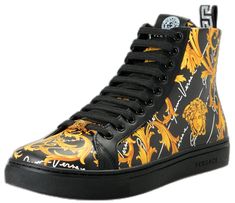 Luxury Custom Sneakers For Streetwear, Luxury Calf Leather High-top Sneakers With Leather Sole, Luxury High-top Sneakers With Leather Sole, Luxury Custom Sneakers With Leather Sole For Streetwear, Versace Chain, Versace Sneakers, Versace Blue, Versace Shoes, Black And White Sneakers