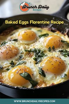 baked eggs with spinach and cheese in a skillet