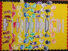 a bulletin board with many different types of animals and words written on the back side