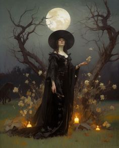 a painting of a woman wearing a black dress and hat with candles in front of her