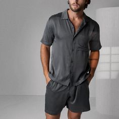 Our best-selling washable silk, with a single point collar, chest pocket, and exposed buttons that allow you to dress it up or down to your taste. This relaxed straight leg short set offers a back pocket and a comfortable elastic waistband. Silk Button Up, Gold Blouse, Denim Hat, A Perfect Circle, Sleep Set, Mens Button Up, Designer Clothes For Men, Engineered Garments, Short Set