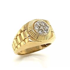 This is a beautiful 14k yellow gold Rolex style ring, crafted from 14k yellow gold with a high polished finish with the tapered jubilee style band. The top has a round fluted design with 7 round cut diamonds in the center. The ring has the 14k gold content stamp.    Hallmark: 14k  Diamond:  approx 0.10ct   Material: 14k white gold  Measurement: 0.52" across x 0.48" wide x 0.29" high  Ring Size:  6  Weight: 7.6 grams Gold Rolex, Top Rings, Gold Link, Round Top, Round Cut Diamond, Round Cut, Hallmark, Rolex, Ring Size