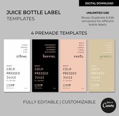 the juice bottle label template is shown with four different colors and font options for each product