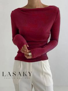 Lasaky - Chic Long Sleeve Fitted Solid Top for Women by Stylewe Wine Colored Top Outfit, Arket Clothing, Red Dress Long Sleeve, Boat Neck Long Sleeve, Women Tees, Coffee Black, Fitted Blouses, Red Long Sleeve, Tights Outfit