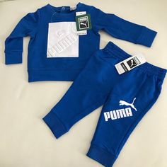 New 2 Pieces Blue Cotton Sporty Sets, Sporty Blue Cotton Sets, Blue Sportswear Loungewear Sets, Sporty Blue Loungewear Sets, Casual Blue Playwear Sets, Blue Sporty Playwear Set, Sporty Blue Sets For Playtime, Warm Outfit, Puma White