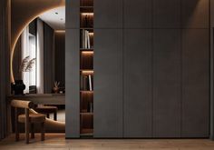 an open door leading to a dining room with bookshelves and chairs in it