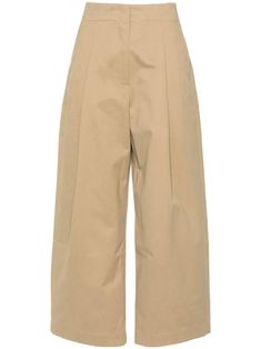 beige cotton twill weave pleat detailing high waist concealed front fastening two side slit pockets two rear welt pockets wide leg cropped leg Trousers Women Wide Leg, Studio Nicholson, Yoko London, Twill Weave, Tailored Trousers, Short Jumpsuit, Wide Leg Trousers, Welt Pockets, Cropped Pants