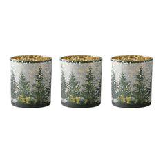 three glass cups with gold rims and trees on them