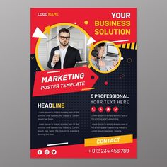 a red and black business flyer template with a man holding a cup in his hand