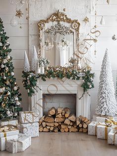 a fireplace decorated with christmas trees and presents in front of a mirror on the wall