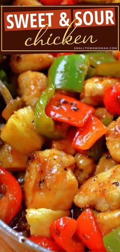 sweet and sour chicken with peppers in a bowl