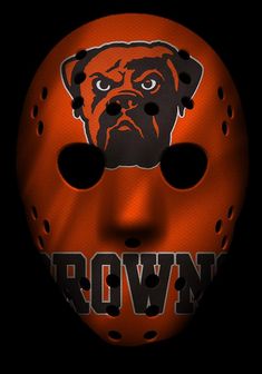 an orange hockey mask with the word down on it and a bulldog's face