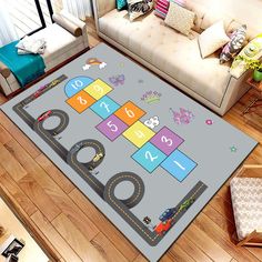 a child's rug with numbers and cars on it in the middle of a living room