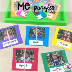 the word me puggles is displayed in front of four pictures on a green tray