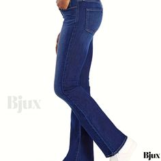 Bjux - Navy Blue High-Stretch Flared Jeans with Bell Bottom Design and Wide Legs, Featuring Slash Pockets - Premium Womens Denim Pants and Apparel Stretch Cotton Wide-leg Flare Jeans, Stretch Full-length Elastane Flare Jeans, Womens Denim, Bottom Design, Denim Pants Women, Bell Bottom, Wide Legs, Flared Jeans, Bell Bottoms