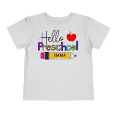 Get ready for the first day of preschool pictures with these adorable personalized school tshirts. These super buttery soft tshirts are 100% Airlume combed and ring-spun cotton jersey with a tear-away label for extra comfort. Choose from white, athletic grey or pink. For personalization: In box please write child's name and Pre-K or Preschool. Kindergarten through 5th grade Tshirts also available in Child's sizes S, M, L, XL. .: 100% Airlume combed and ringspun cotton (fiber content may vary for Personalized Short Sleeve T-shirt For Back To School, Cotton T-shirt For Daycare And Back To School, Cotton T-shirt With Name Print For Daycare, Personalized T-shirt For End Of School Year, Customizable Cotton T-shirt For School, Customizable Short Sleeve T-shirt For Back To School, Back To School T-shirt With Name Print For Daycare, Name Print T-shirt For Daycare And Back To School, Customizable Cotton T-shirt For Back To School