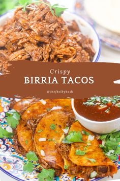 crispy birra tacos on a colorful plate with sauce and cilantro