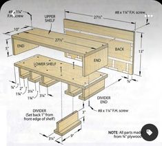 the plans for a diy bench with built in storage compartments and drawers are shown