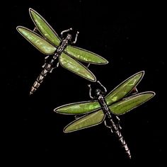 two green dragonflys sitting on top of each other in front of a black background