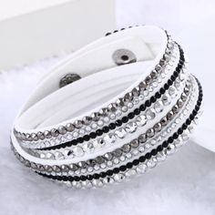 Fashion Rhinestone Leather Wrap Bracelet Faux Crystals. Two Size Snap Closure. Wrap Armband, Bracelet Crystal, Couple Jewelry, Bohemian Bracelets, White Rhinestone, Layered Bracelets, Bracelets For Women, Gorgeous Bracelet, Rhinestone Bracelet