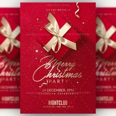 three red christmas party flyer templates with gold ribbon and present box on top,