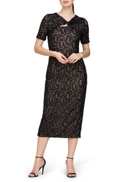 Whether you're the mother-of-the-bride or searching for that perfect wedding-guest dress, this dazzling sequin-covered cocktail dress checks all the boxes. 47" length (size 8) Hidden back-zip closure V-neck Short sleeves Lined 100% polyester Dry clean Imported Elegant Evening Dress With Contrast Sequin, Elegant Cocktail Dresses With Contrast Sequin, Elegant Contrast Sequin Cocktail Dresses, Elegant Contrast Sequin Gala Dress, Elegant Fitted Evening Dress With Contrast Sequin, Glamorous Formal Midi Dress With Contrast Sequin, Glamorous Lace Mother Of The Bride Dress With Sequins, Elegant Evening Cocktail Sequin Dress, Elegant Cocktail Midi Dress With Contrast Sequin